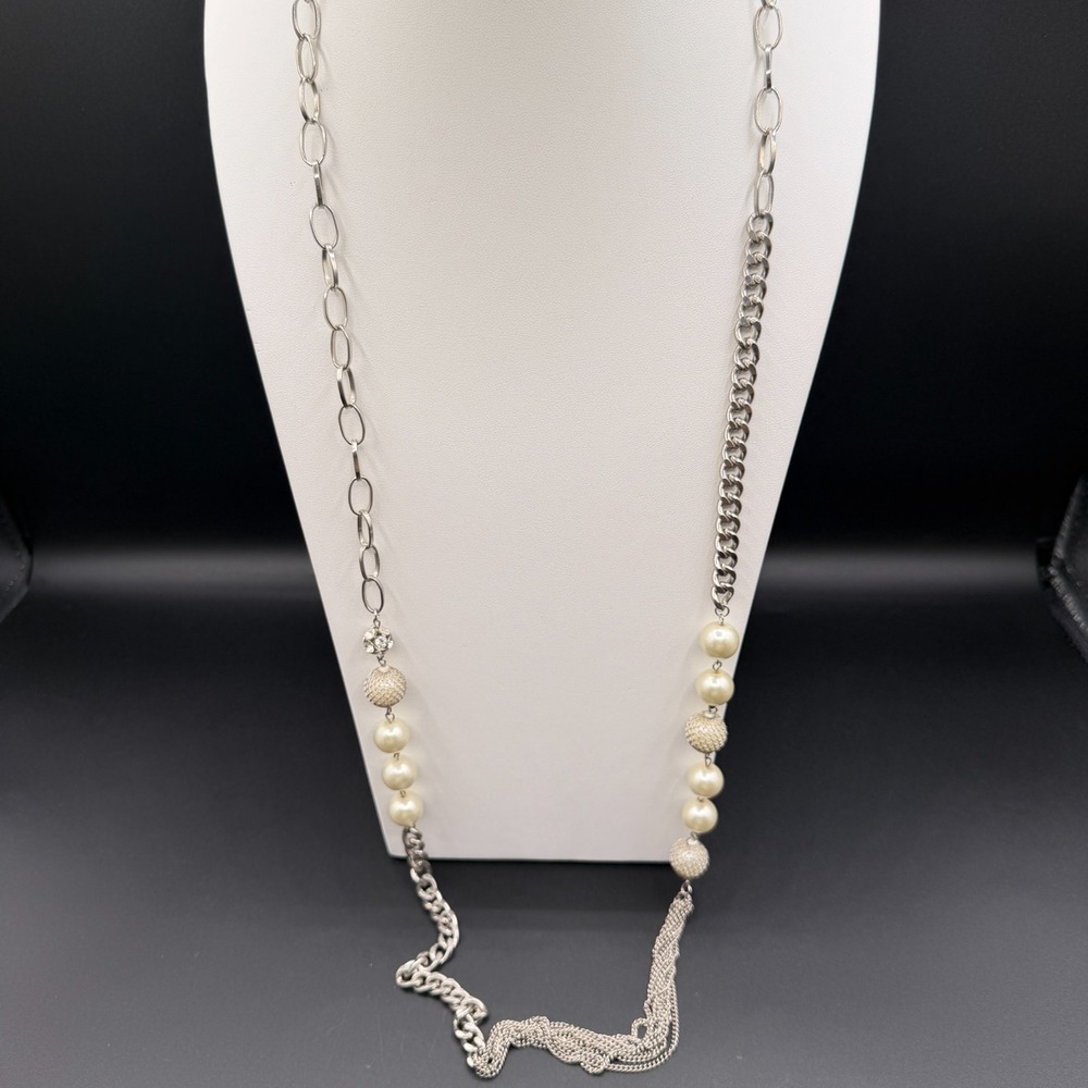 Silver Tone Faux Pearl Mixed Chain Long Necklace Asymmetrical Statement Glam
